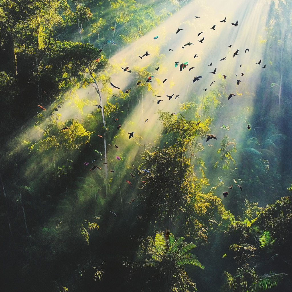 Aerial view of tropical rainforest canopy with birds 