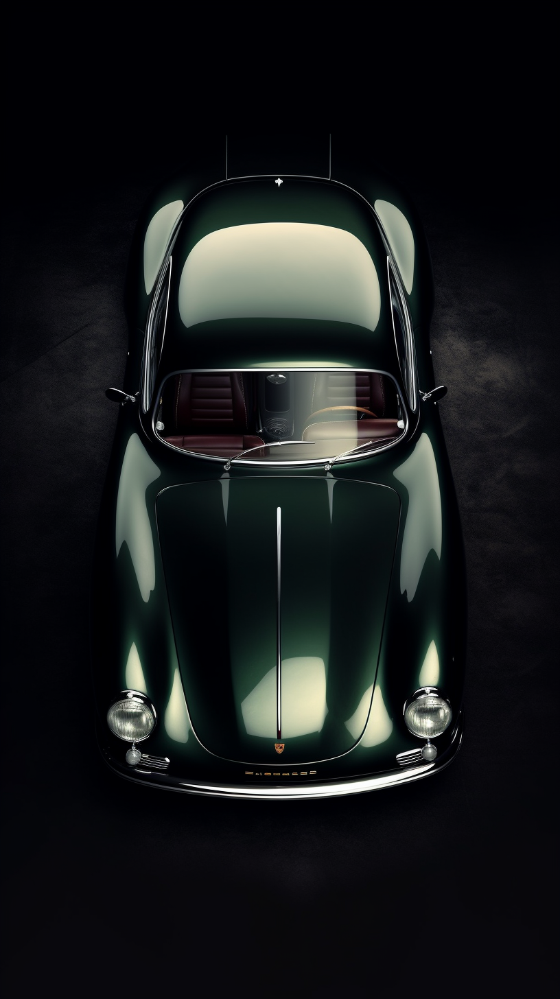 Aerial view of vintage car with metallic green body.