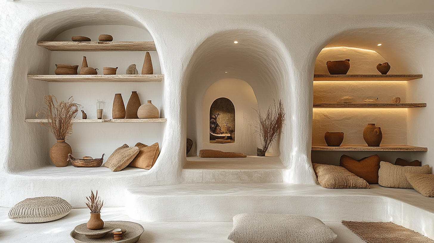 Aesthetic room with shelves, warm tones, soft lighting.