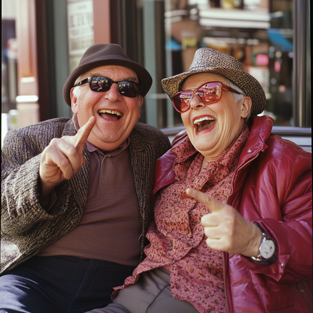 Affluent older couple laugh at young person. Magazine photo.