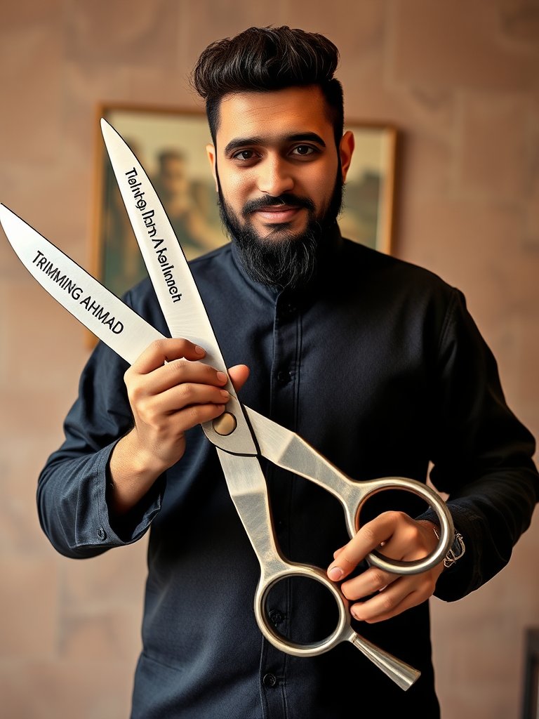 Afghan hairdresser shows 'Trimming Ahmad' with large scissors.