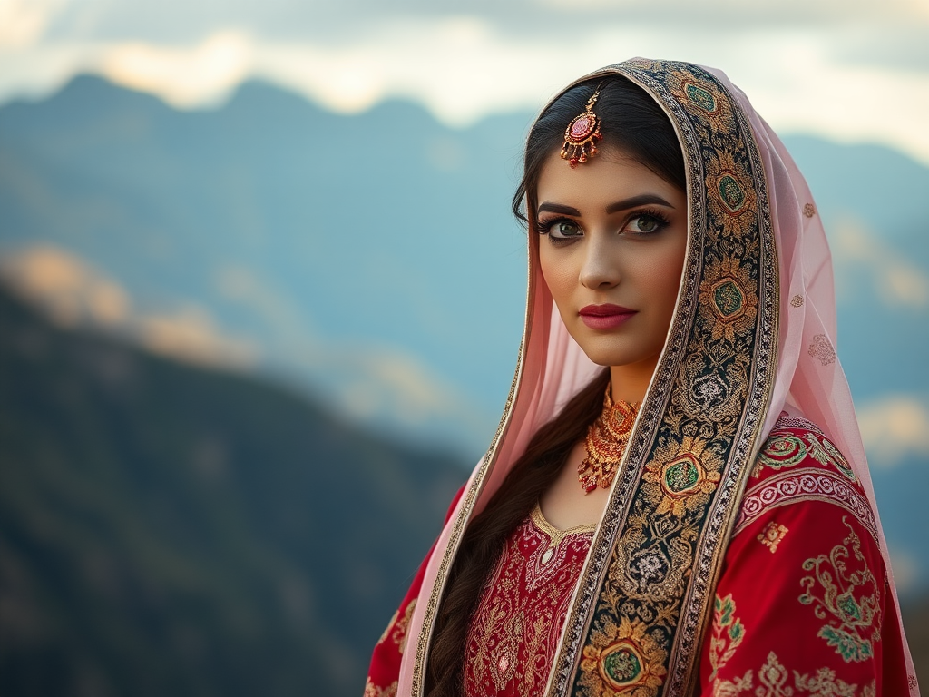 Afghanistani bride in traditional dress, with green eyes, photoshoot.