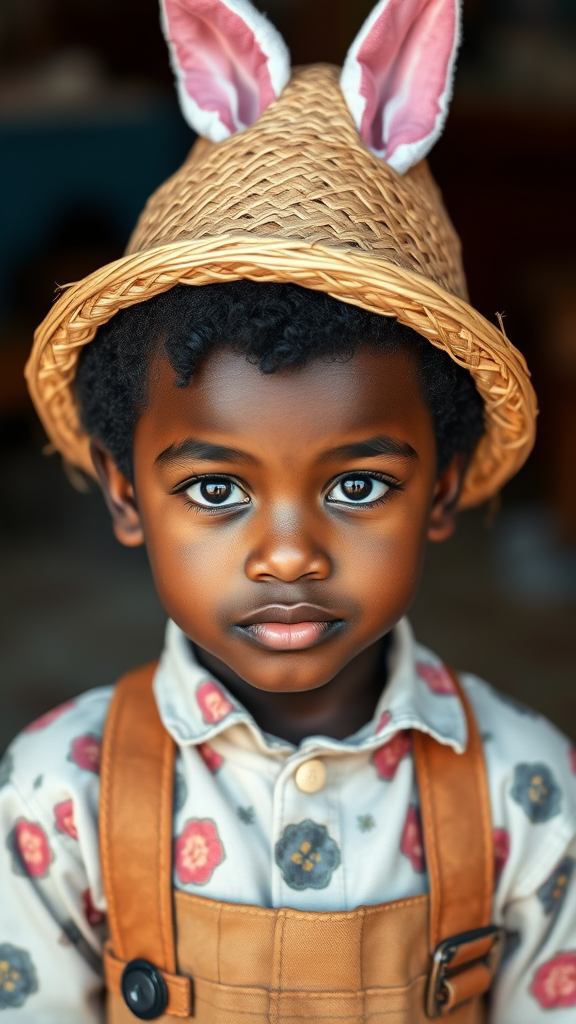 African American Boy with Easter Straw Hat