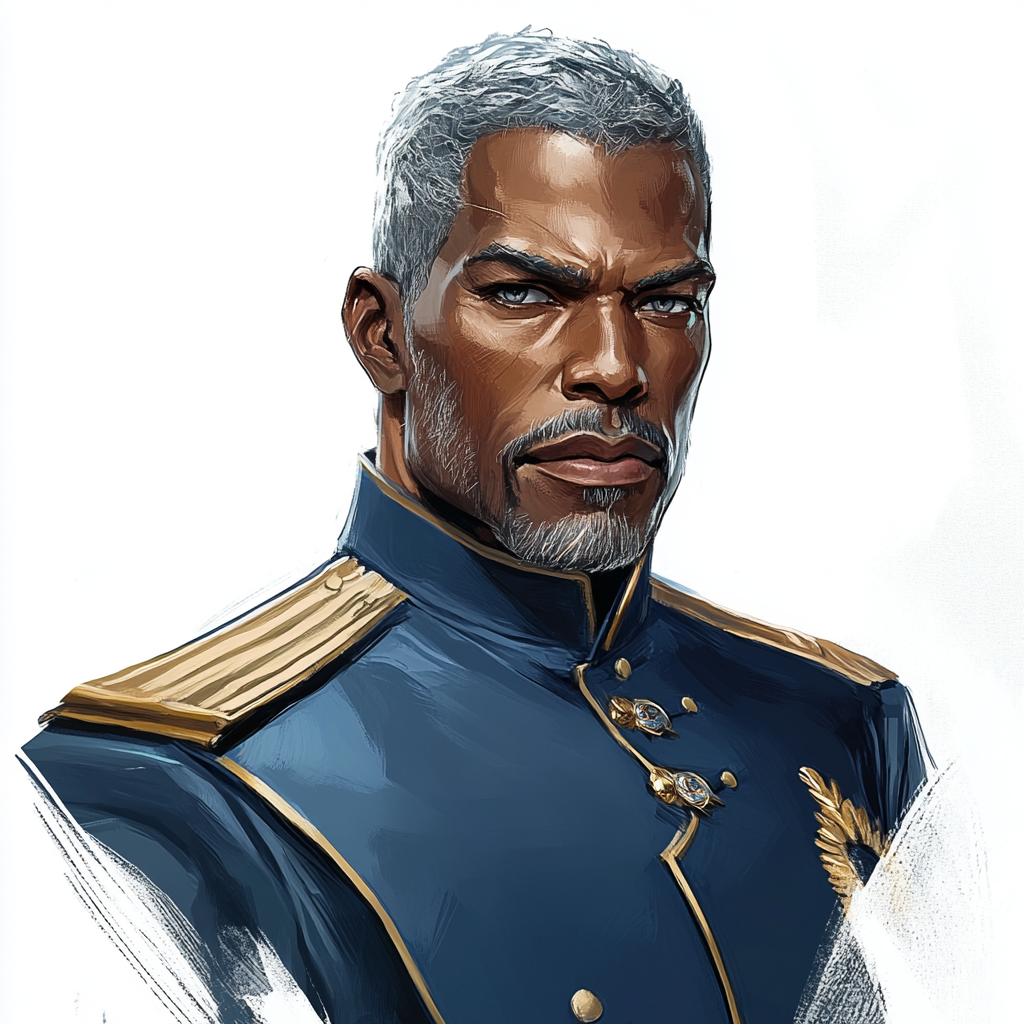 African American Colonel with short silver hair and grey eyes.