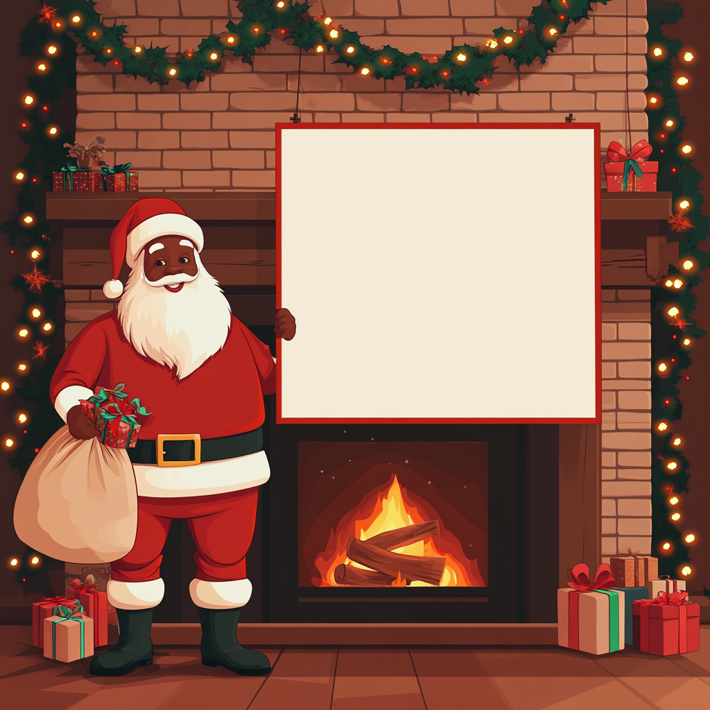 African American Santa with gifts by fireplace