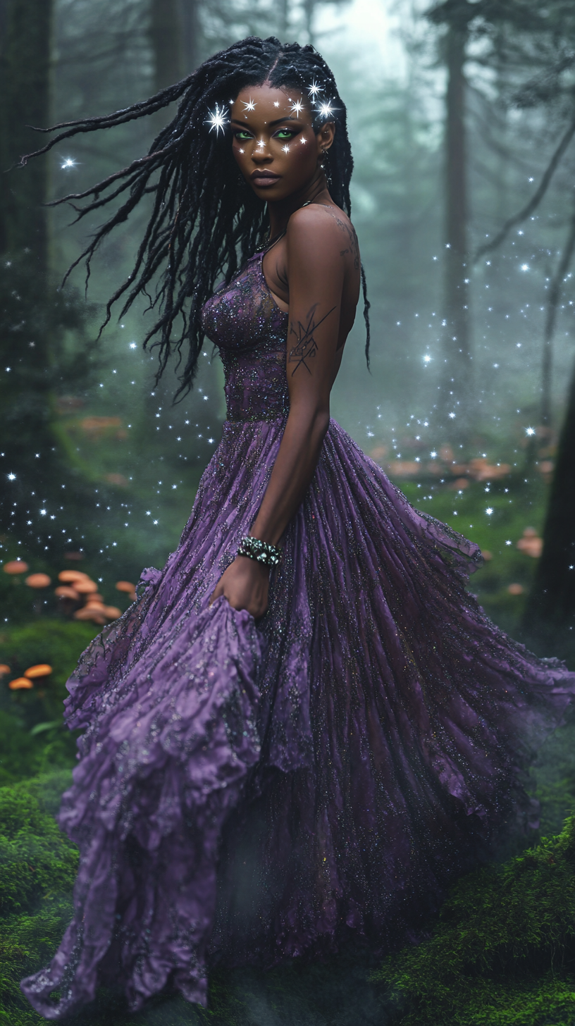 African American Woman's Magical Walk in Enchanted Forest