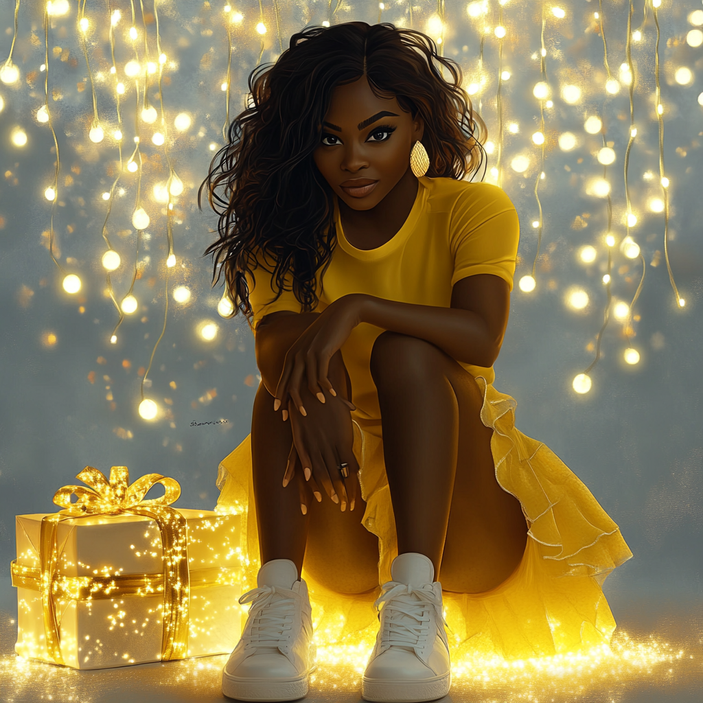 African American Woman with Yellow Outfit near Present