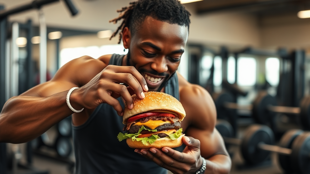 African American athlete eating burger at gym