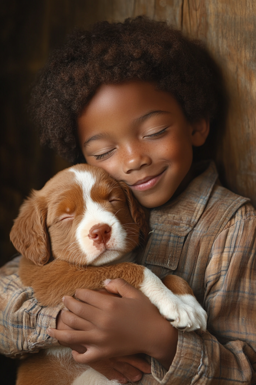 African American boy with puppy, showing special bond human-animal.