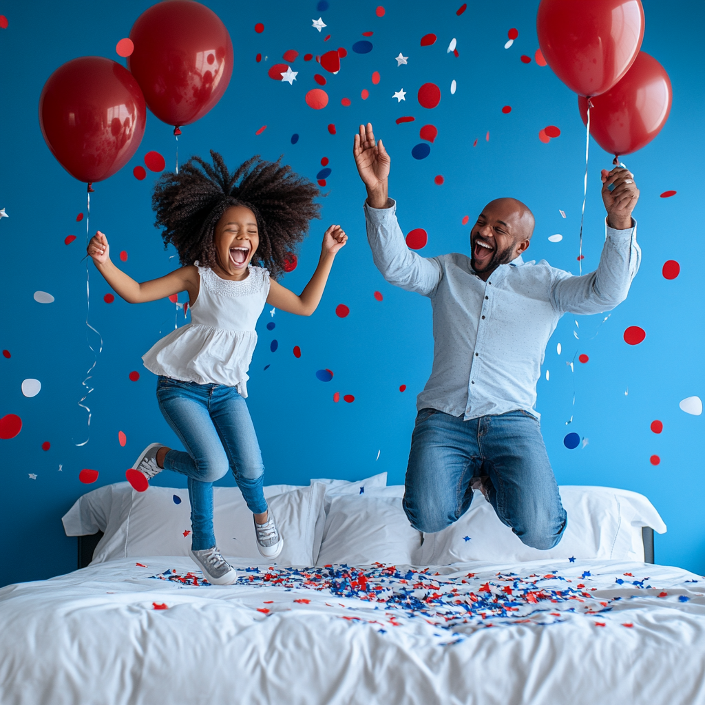 African American family jumping on bed, laughing together.