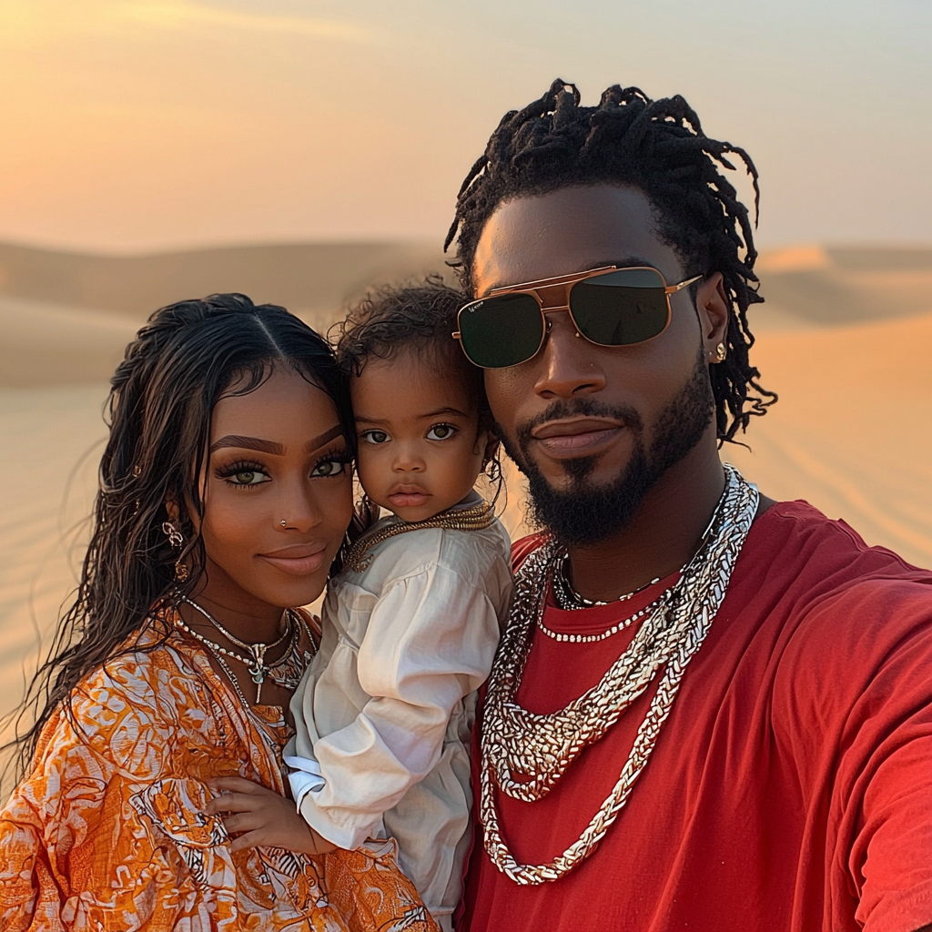 African American man, Arab wife, and daughter in Dubai desert sunset