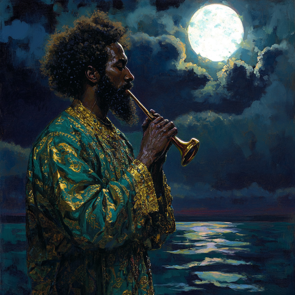 African American man with afro holds shofar horn.