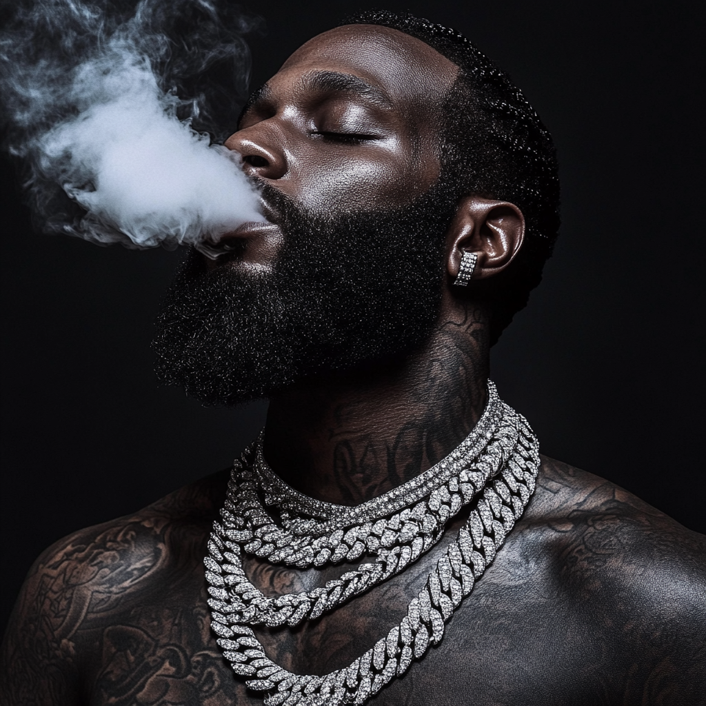 African American man with beard and tattoos smoking.