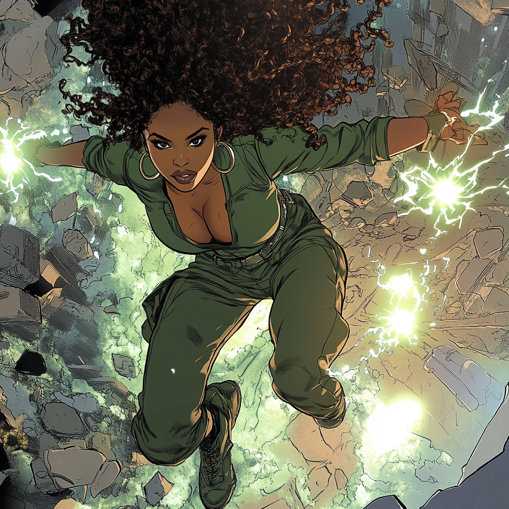 African American superhero saves curly African American women