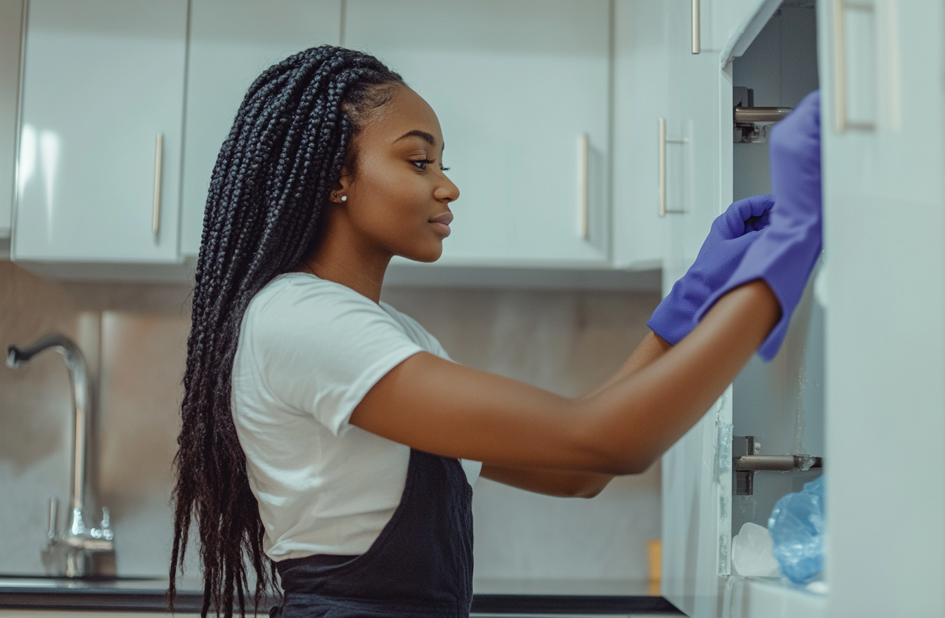 African American woman cleaning white kitchen cabinet, wearing gloves.