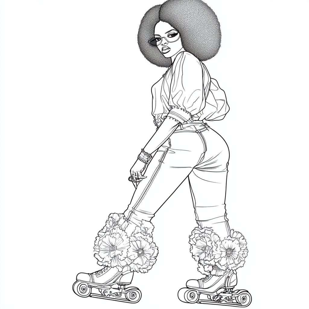 African-American woman in bell bottoms and roller skates.