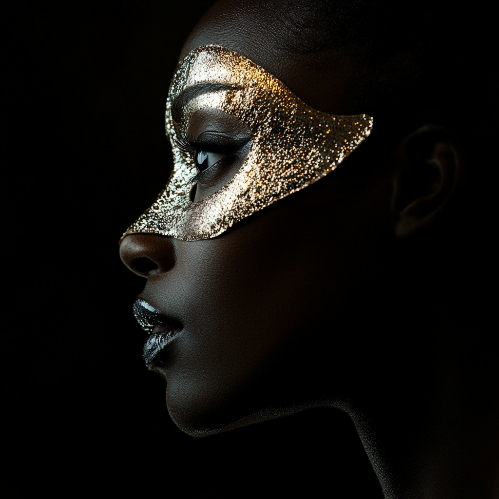 African American woman in gold and silver mask.