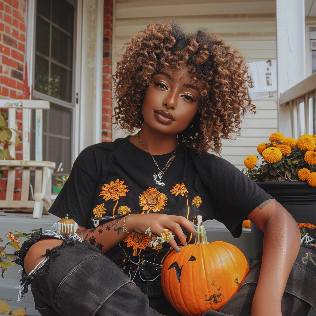 African-American woman with curly hair and fall outfit.