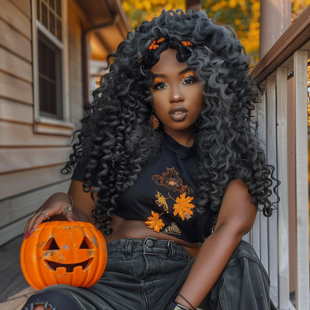 African-American woman with gray ringlet curls and pumpkin.