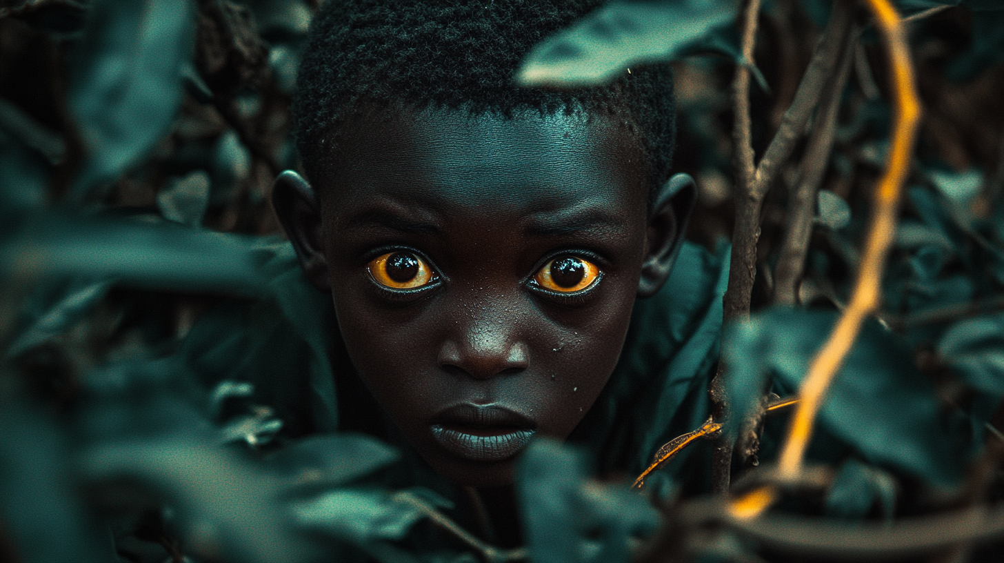 African Boy Staring Through Bush Opening in Shock