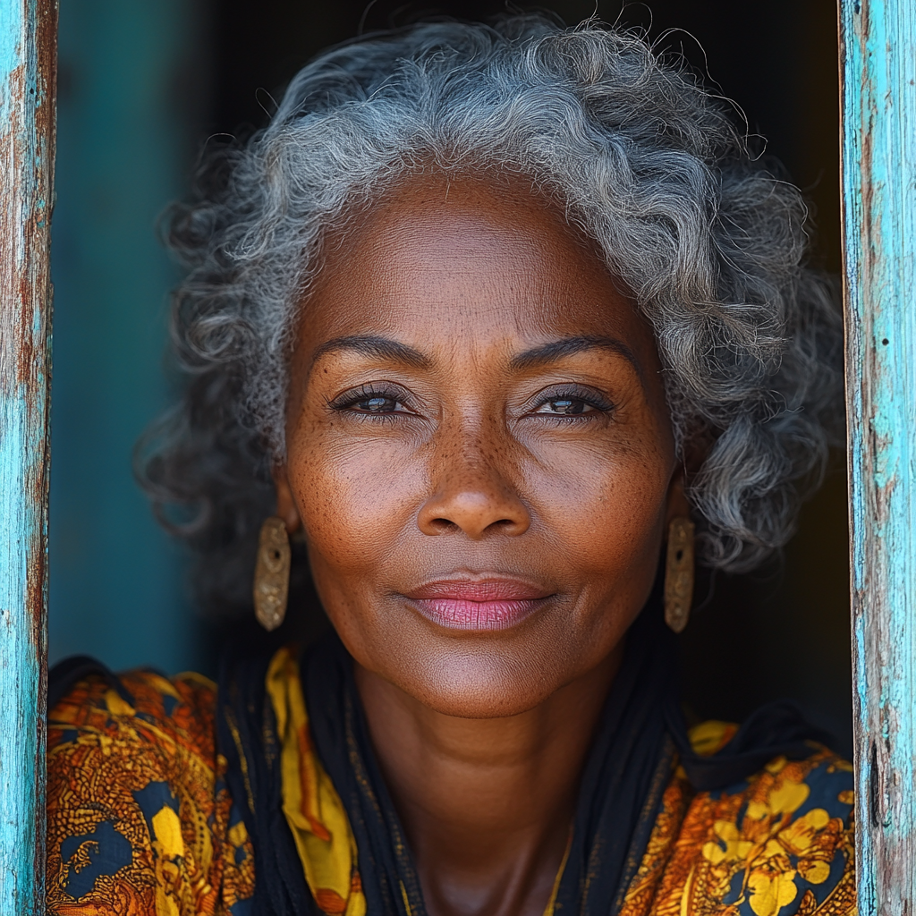 African Caribbean lady with Asian features, slight moon face