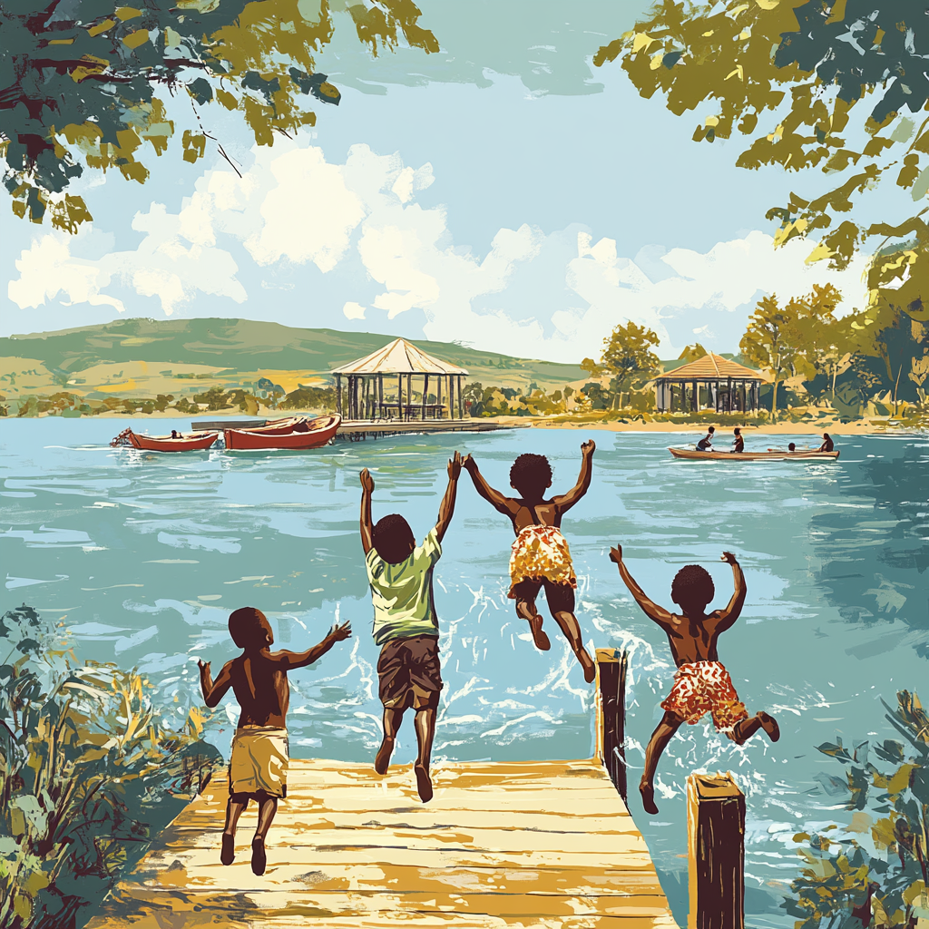 African Children Jumping and Swimming in Lake AI Cartoon