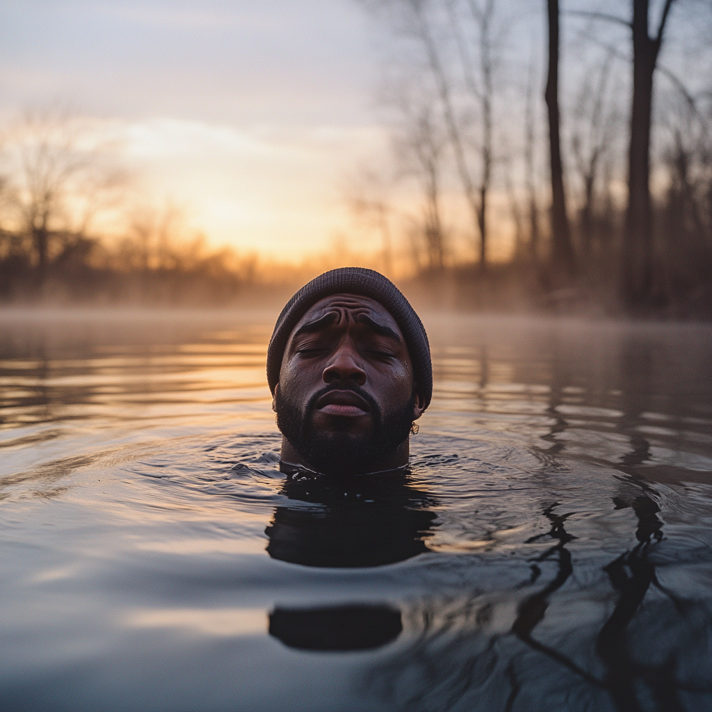 African Man in Cold Lake at Sunrise