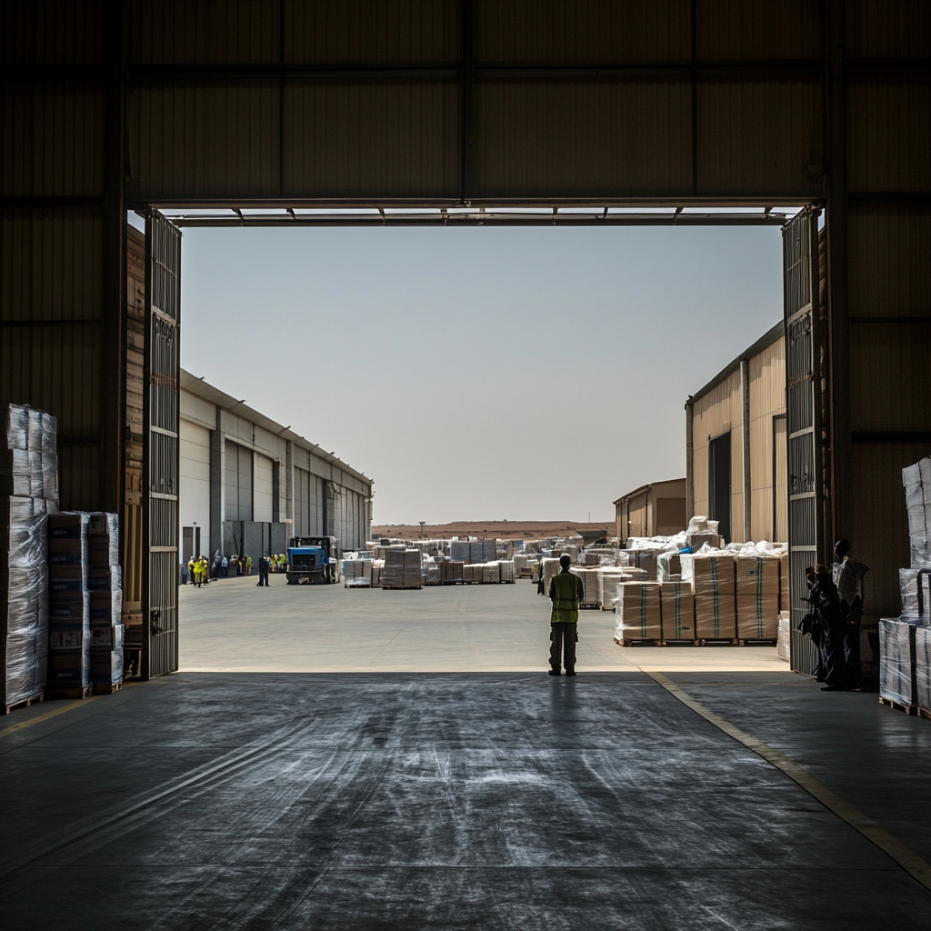 African Package Delivery Facility with Workers Loading 