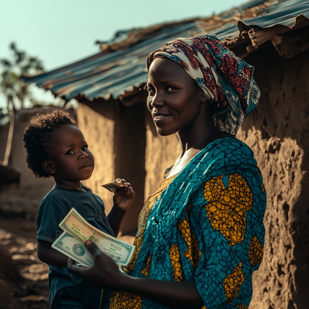 African Woman and Daughter With Money Expressing Gratitude