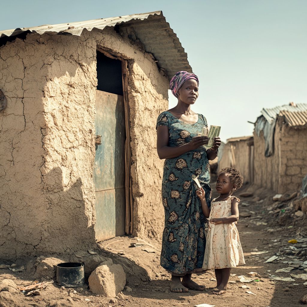 African Woman with Daughter Gratefully Holds Money