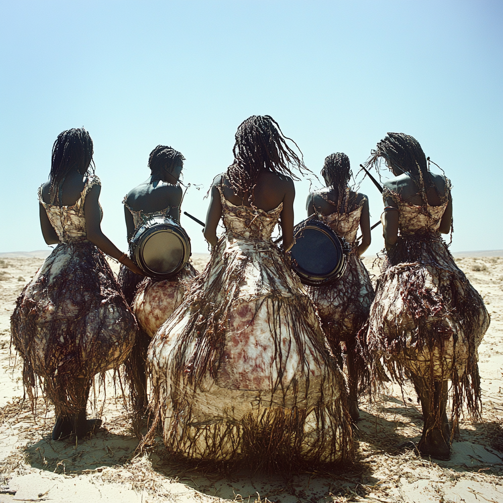 African Women Playing Drum Near Vitamin Jar.