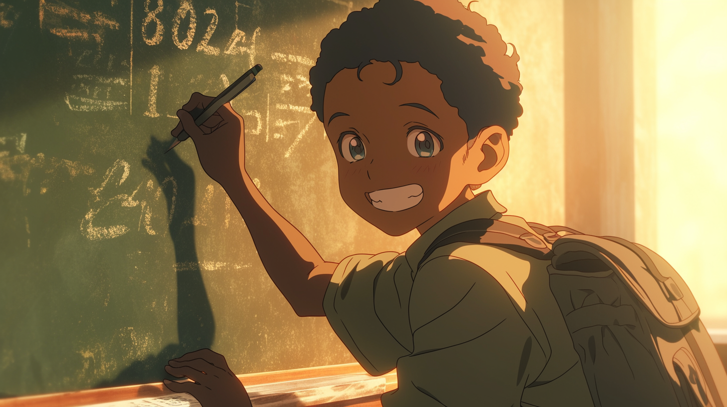 African boy happily doing math on chalkboard.