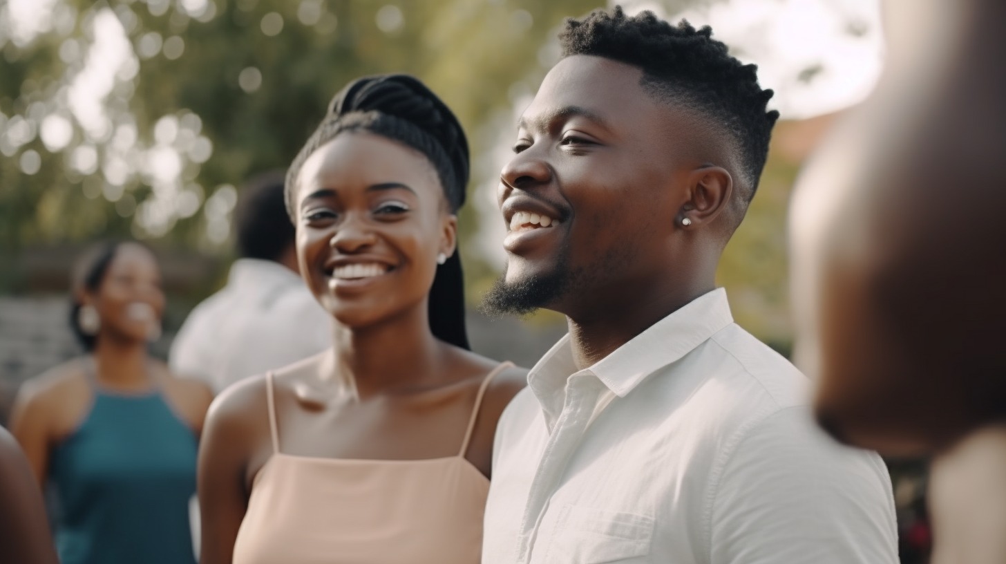 African couple celebrates wedding at family home.