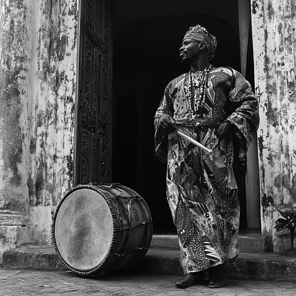 African drummer in regal agbada outside beautiful Lagos house.