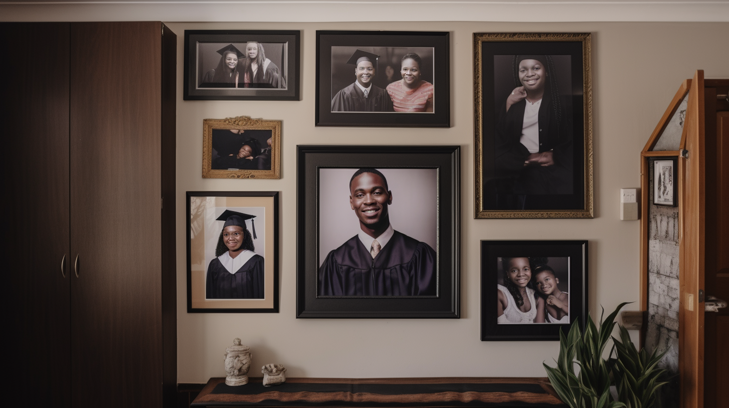 African family home displays graduation photos: Township pride.