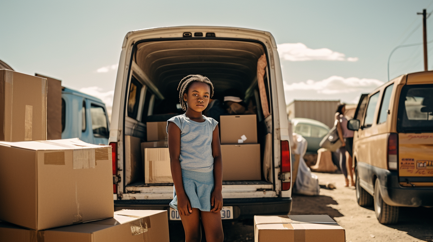 African girl in front of moving van in South Africa