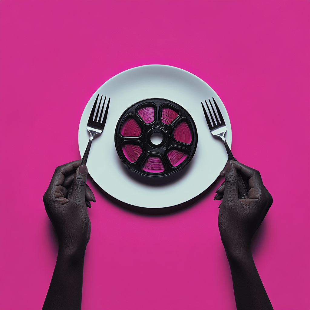 African hands with cutlery on film reel plate