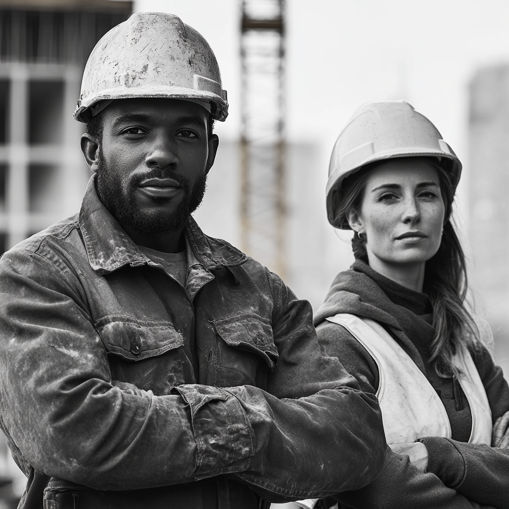 African man, European woman, workers in builder's clothes.