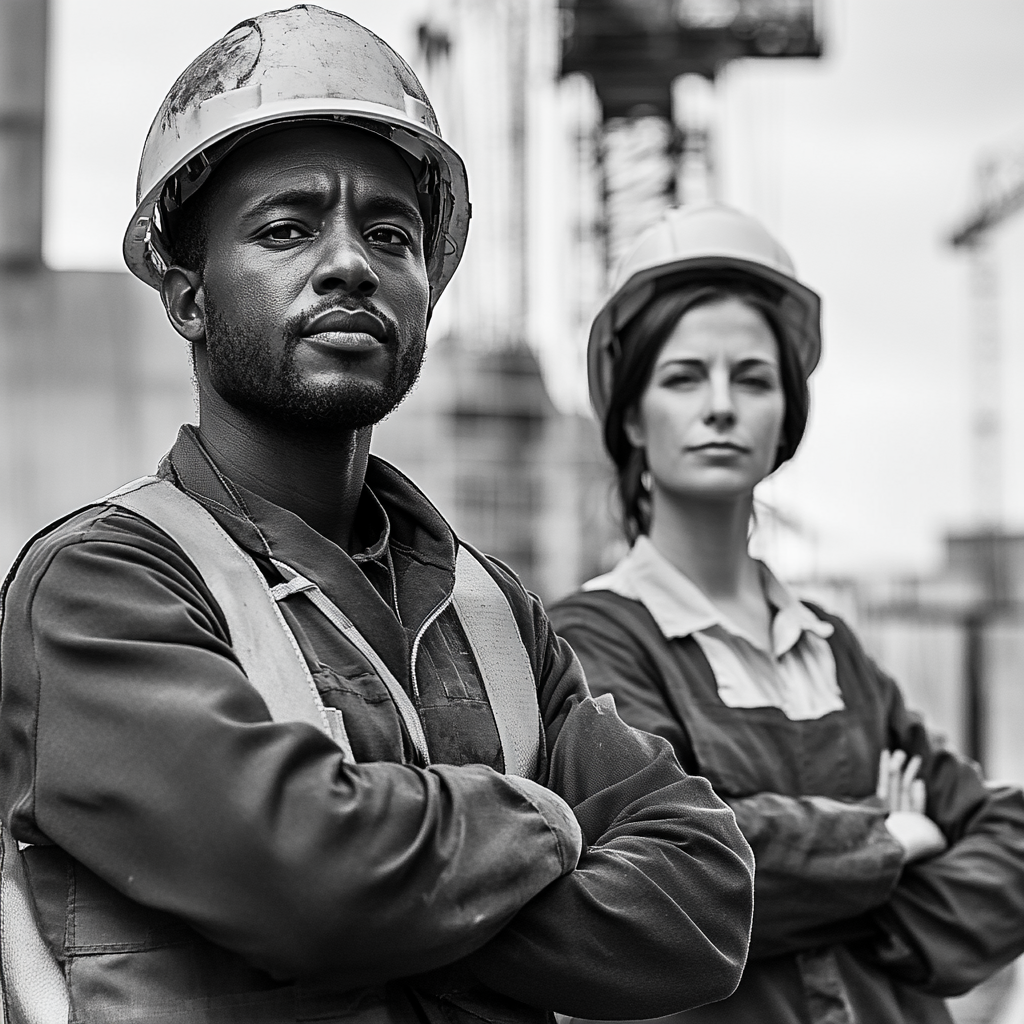 African man, European woman, workers in builder attire.