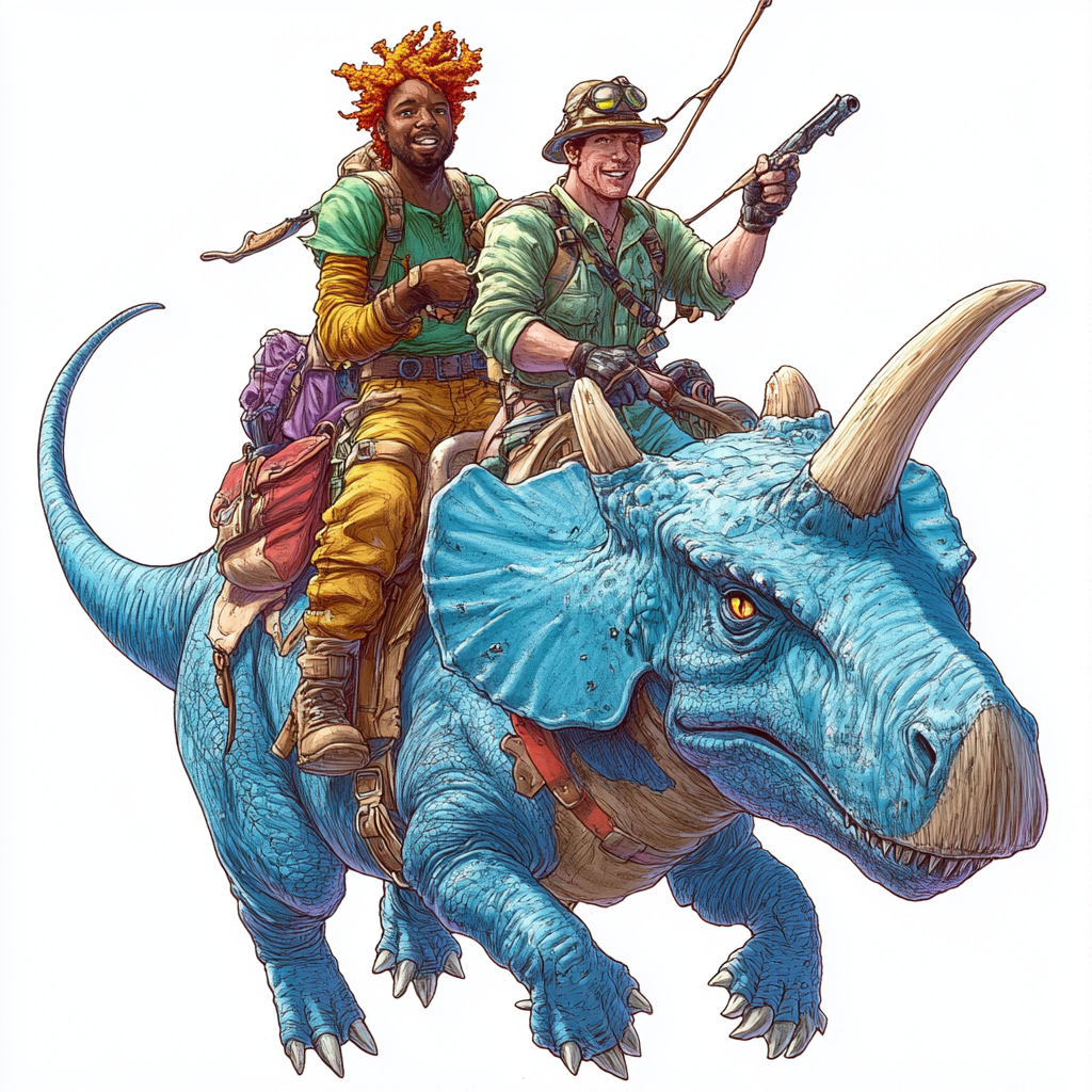 African man and Irish man riding blue dinosaur adventure.