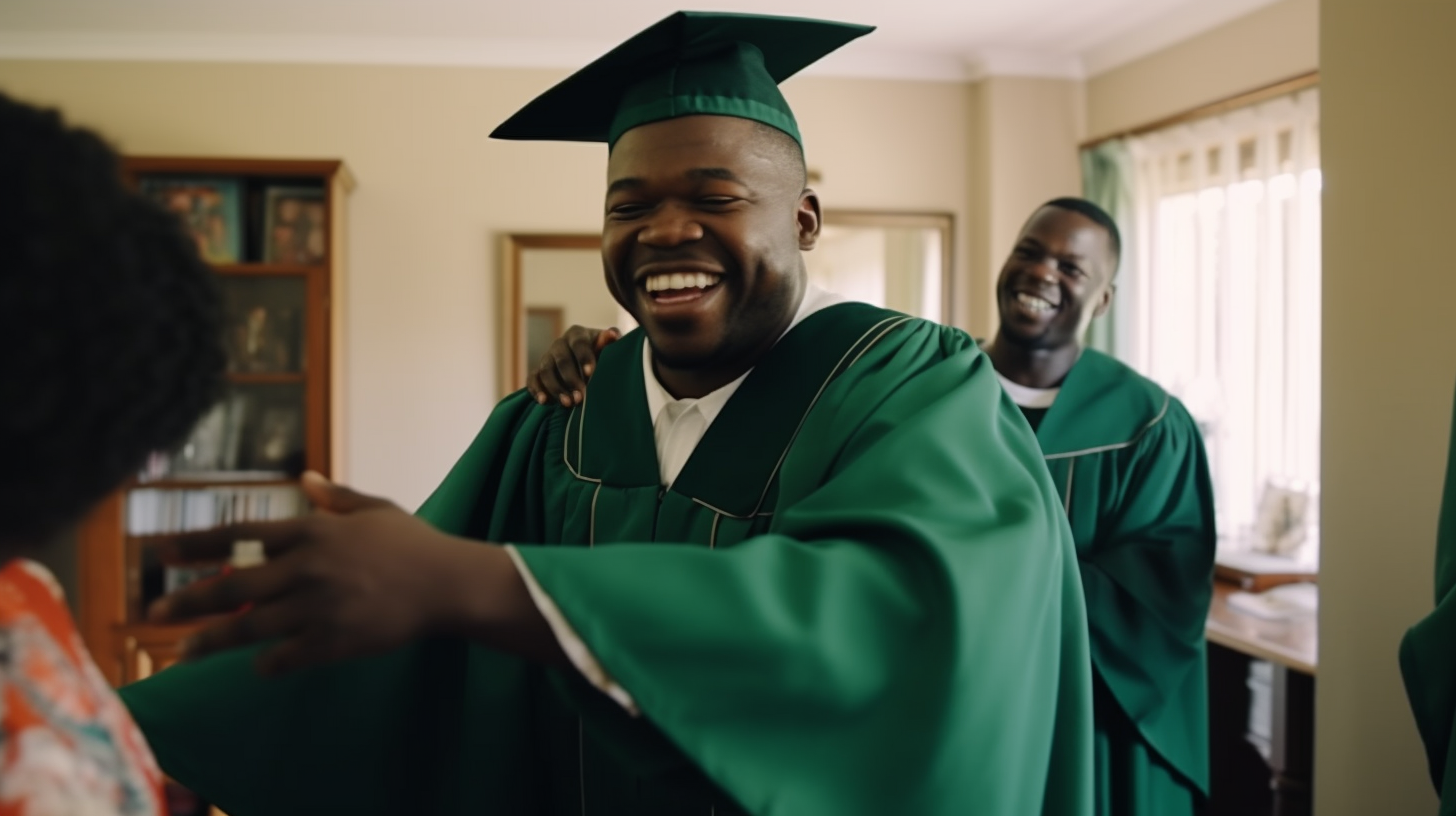 African man in green robe graduation party celebration