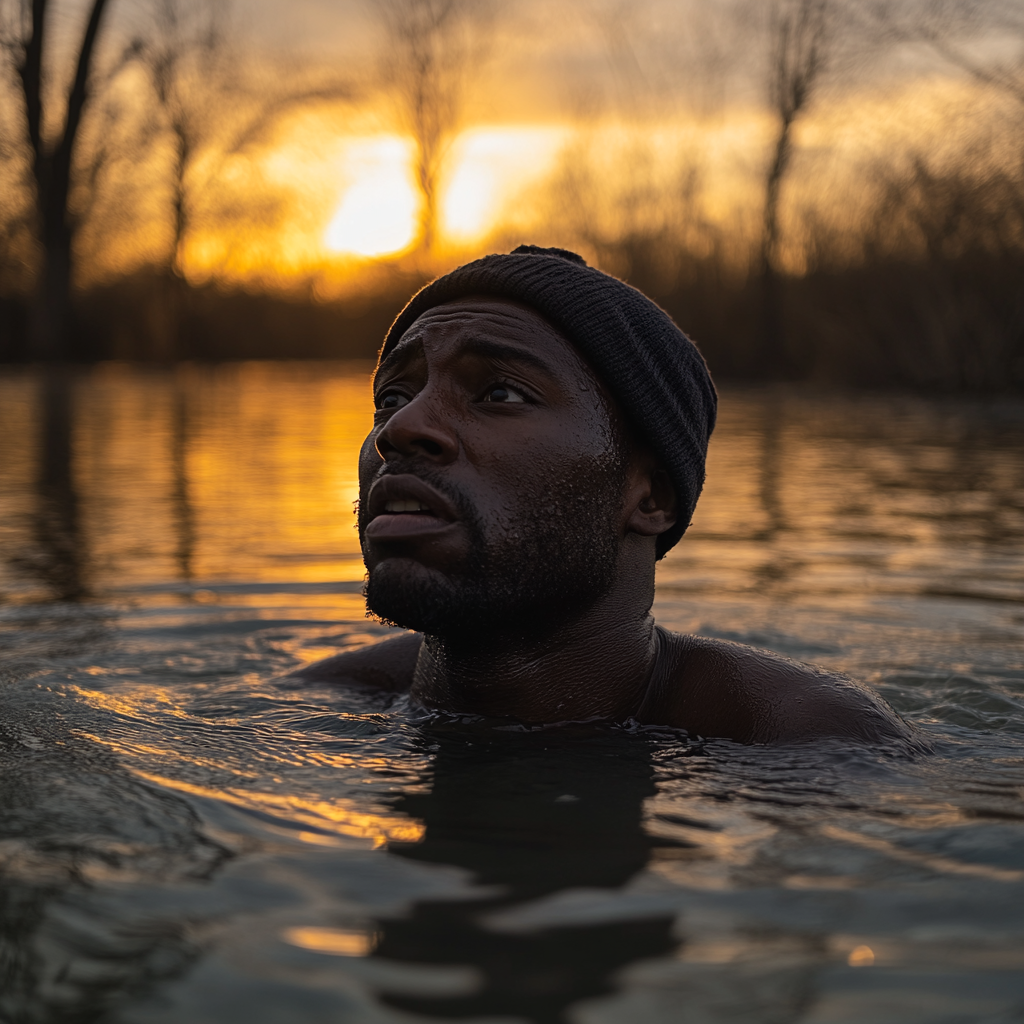 African man submerged in lake taking selfie.