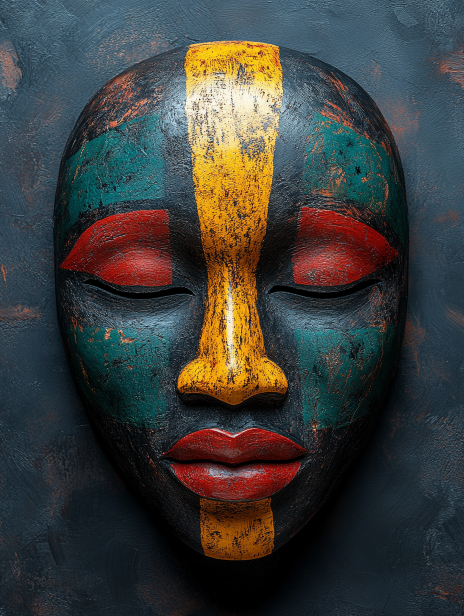 African mask with red, yellow, and green paint.