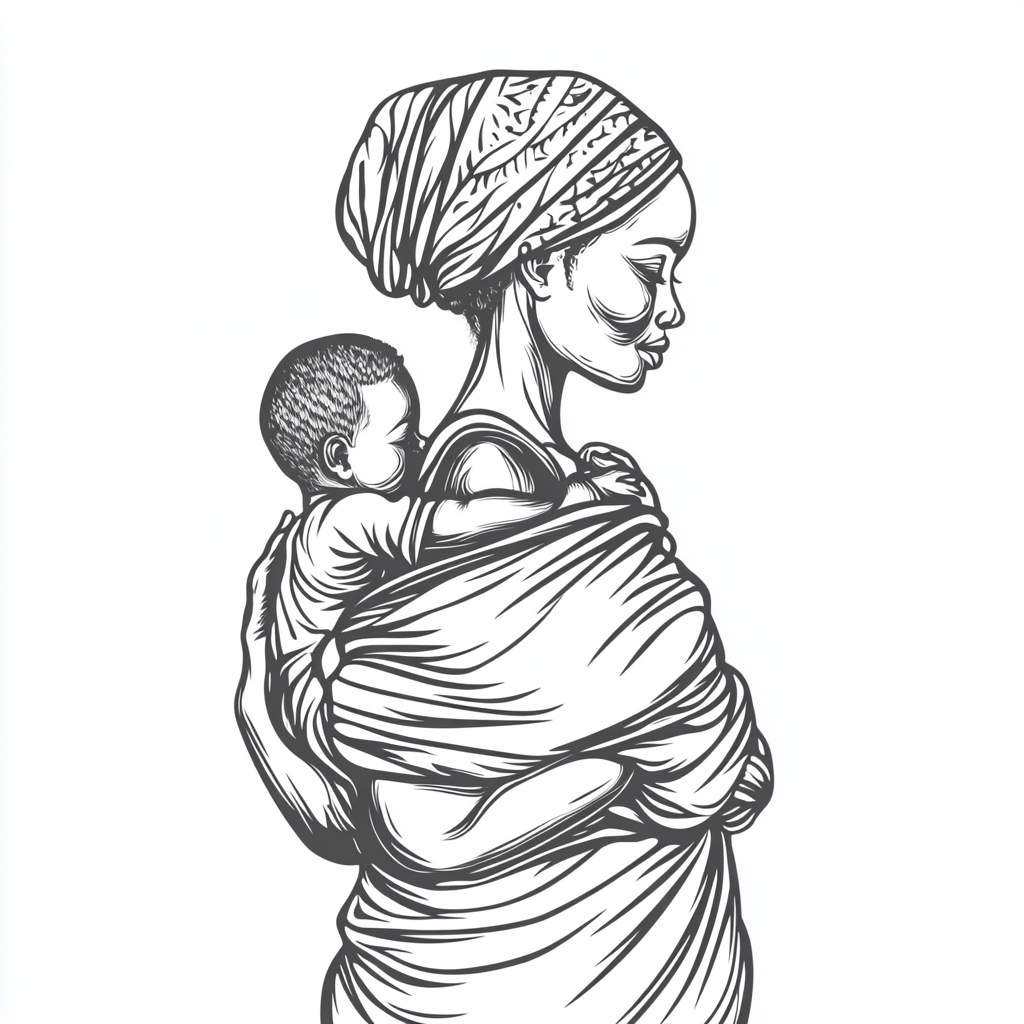 African mother carrying baby in village, simple white drawing.