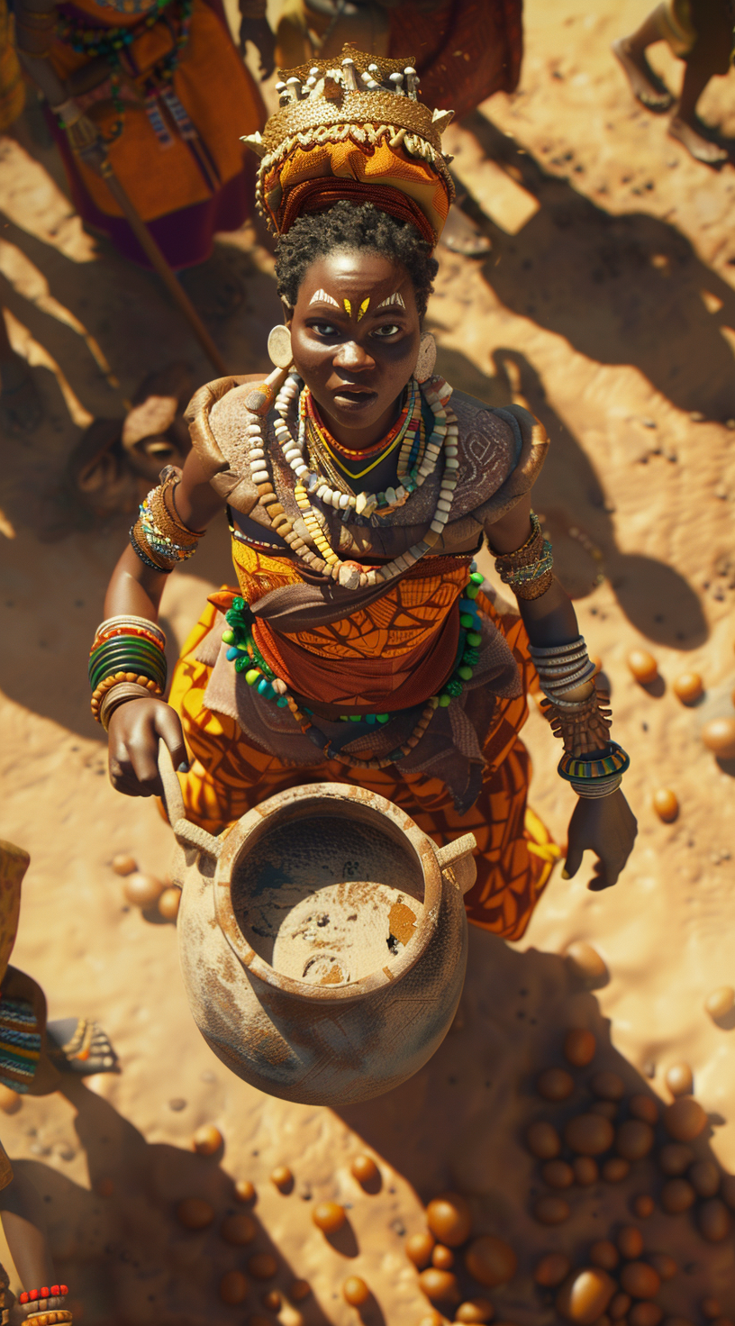 African princess in crown holding clay pot approaching scared people.