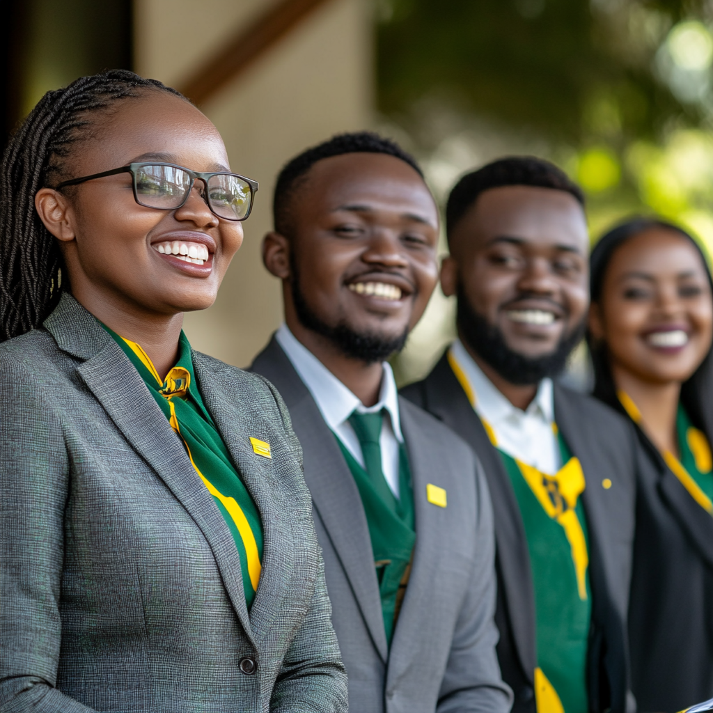 African professionals in grey, green, and yellow smiling.