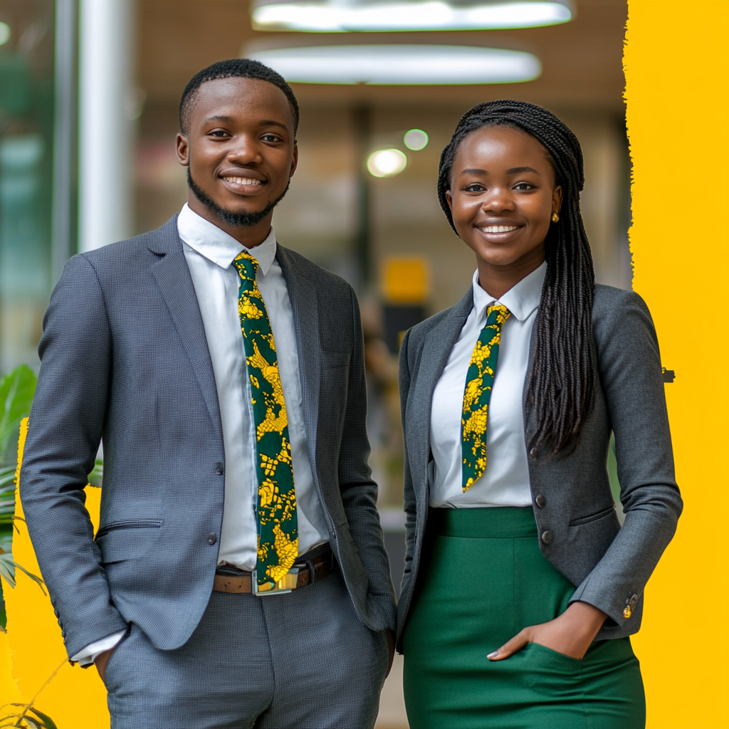 African professionals wear grey, green, yellow, smile, pitch.