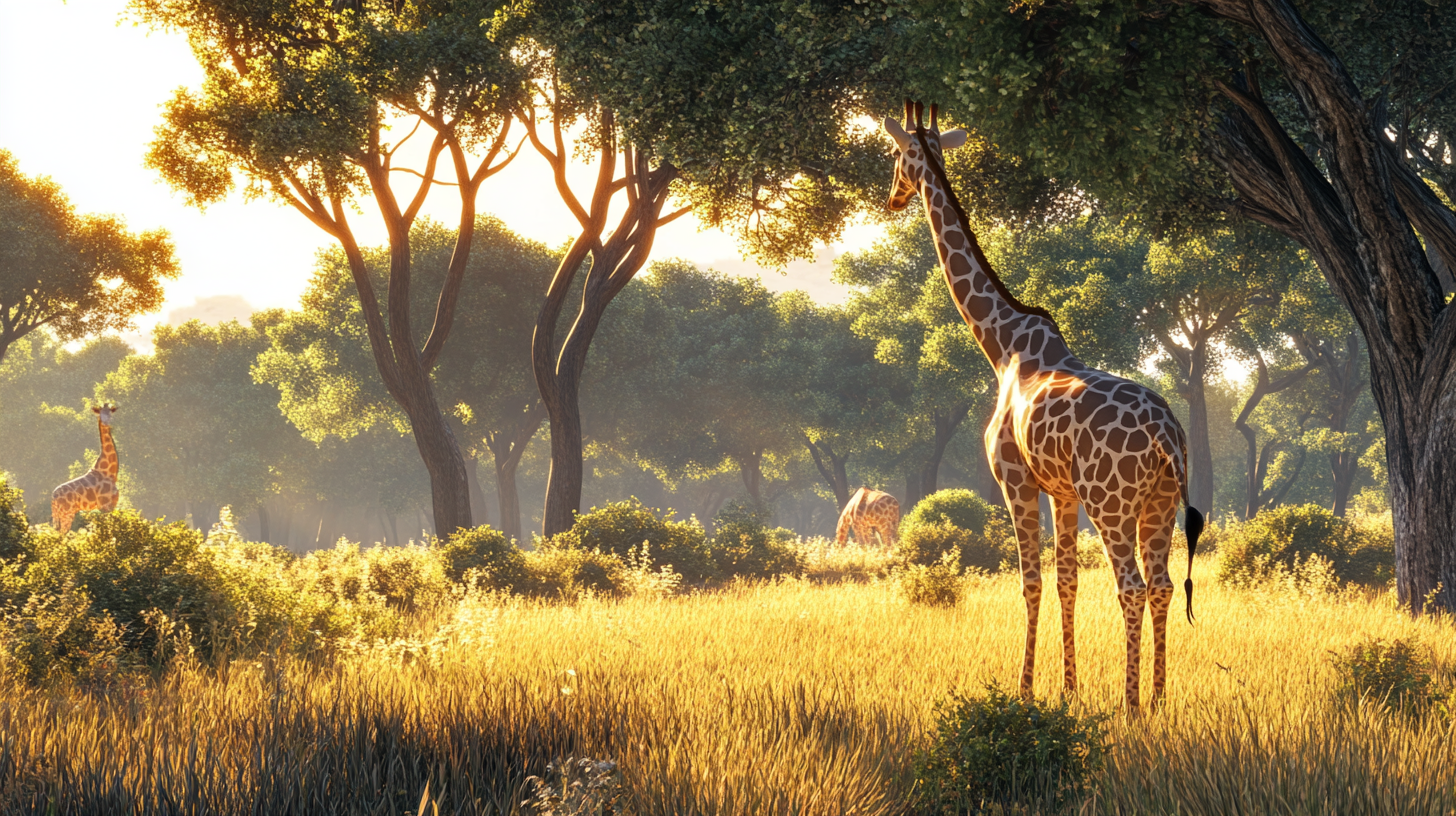 African savannah with Zuma the elegant giraffe standing majestically.