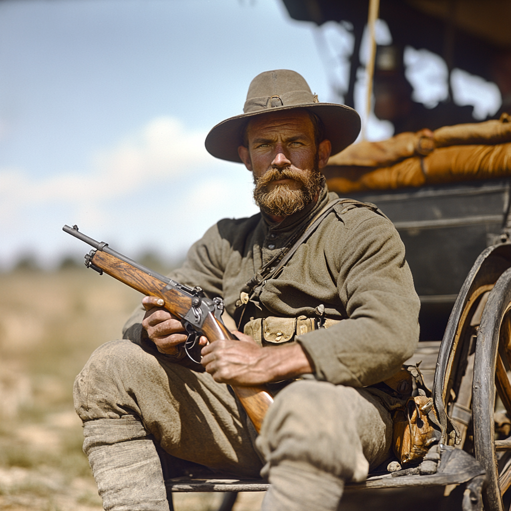 African soldier with gun by old carriage, 1900s.