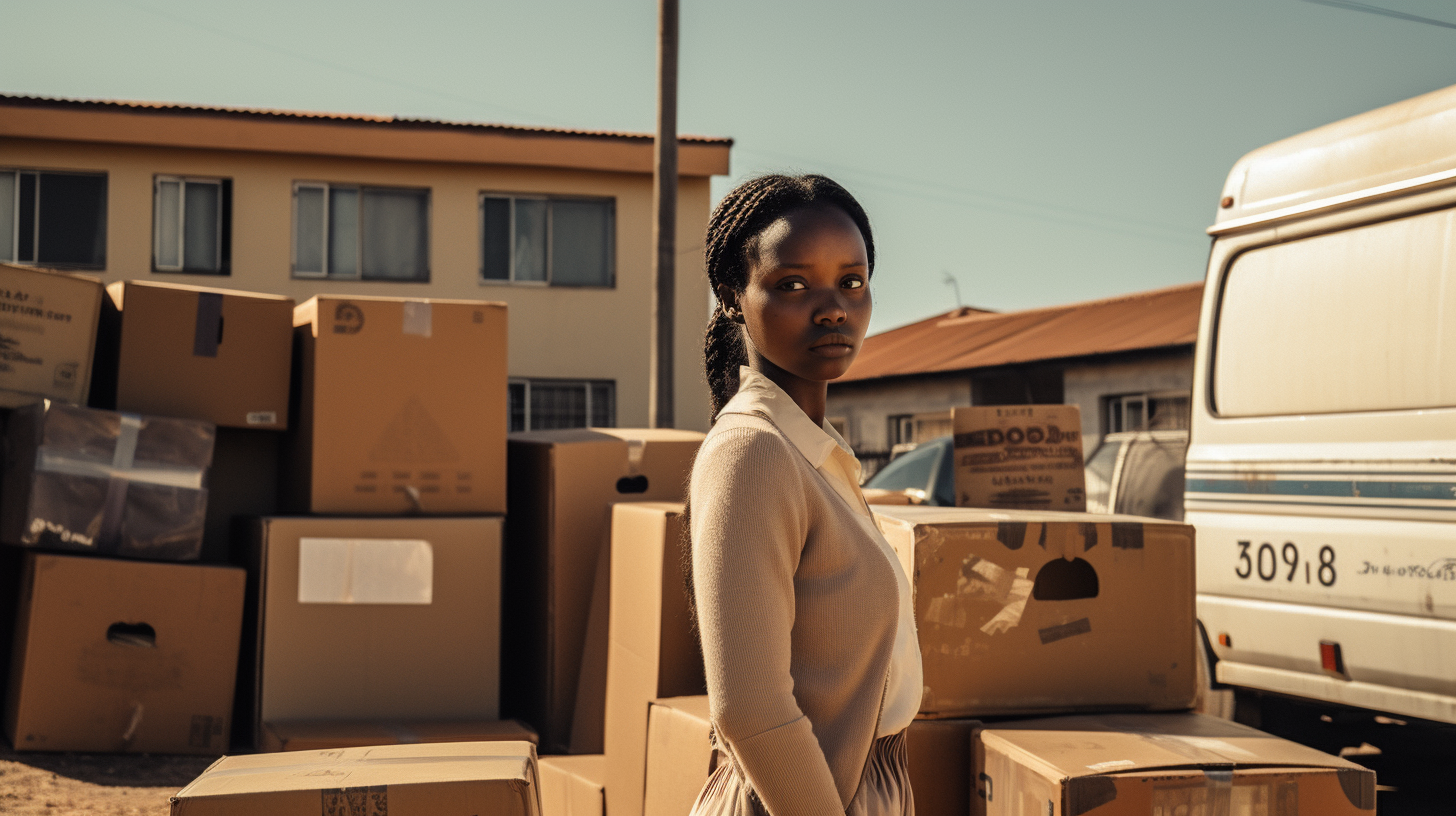 African student girl in front of moving van